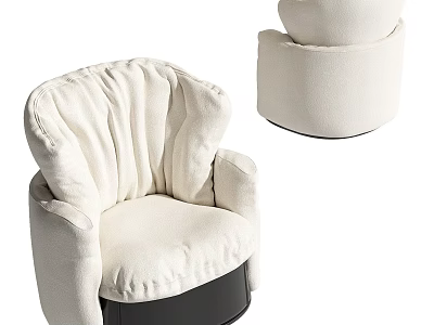 Soft Cream Colored Plush Accent Chair With Ruffled Back Design And Black Base 3d model