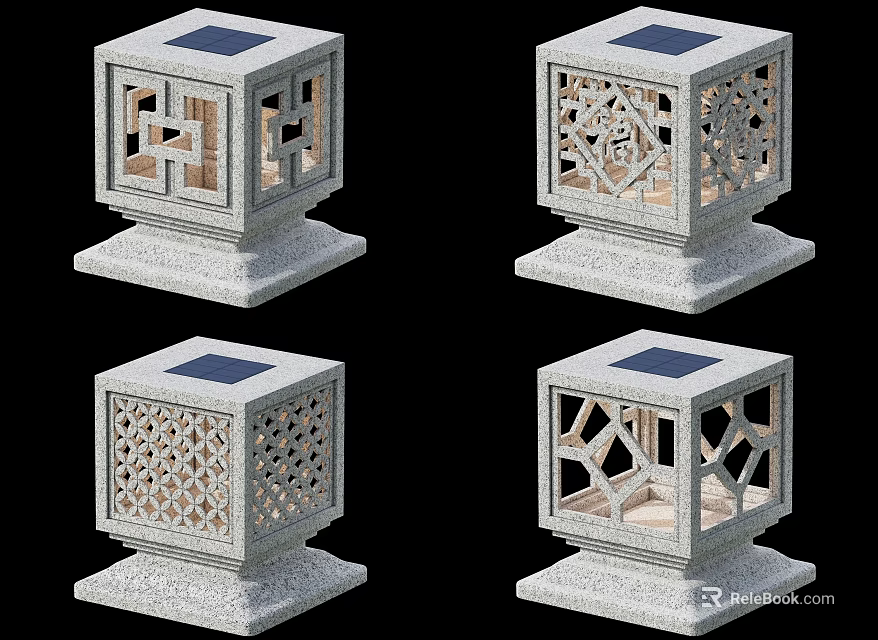 Solar Powered Square Outdoor Lights With Intricate Cutout Design And Sturdy Base 3d model 