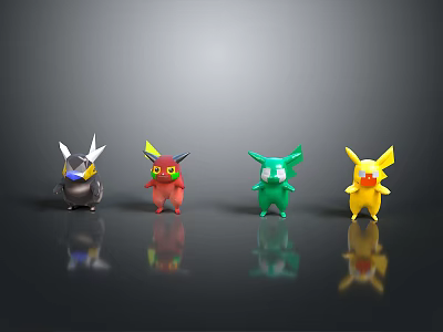 Colorful Cartoon Creature Characters Featuring Gray Red Green Yellow Designs And Shiny Surfaces 3d model