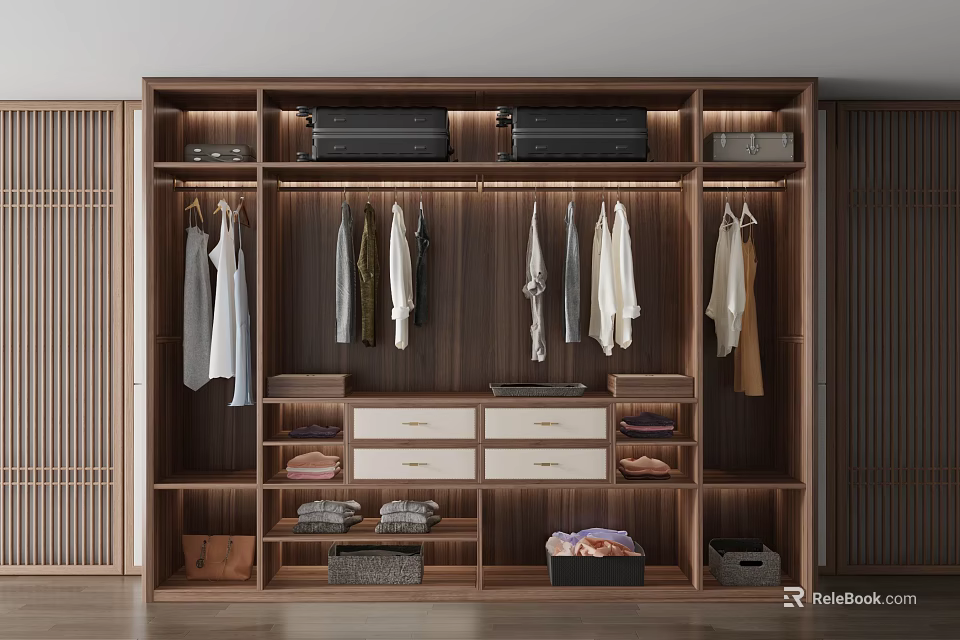 Spacious Natural Wood Wardrobe Interior With Hanging Rods Drawers Shelves And Storage 3d model 