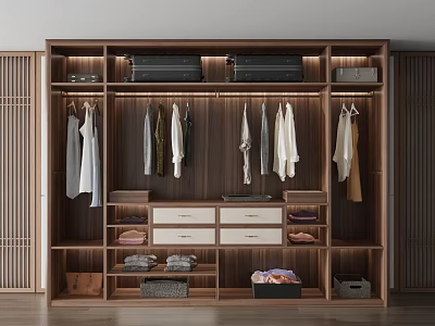Spacious Natural Wood Wardrobe Interior With Hanging Rods Drawers Shelves And Storage 3d model