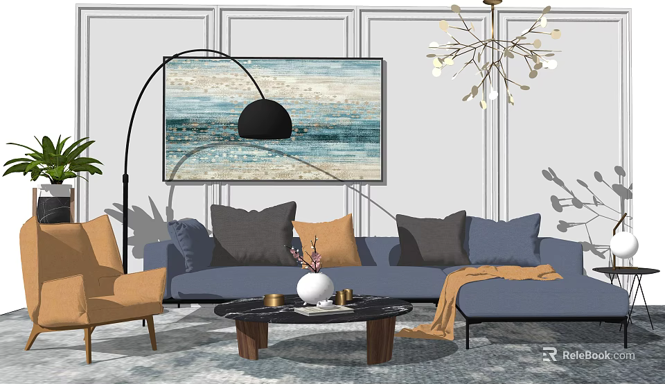 Modern Interior With Blue Sofa Black Coffee Table Grey Orange Throw Pillows And Wall Art 3d model