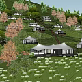 Garden Landscape Design Featuring Hillside White Tent Like Buildings Green Trees And Lawns