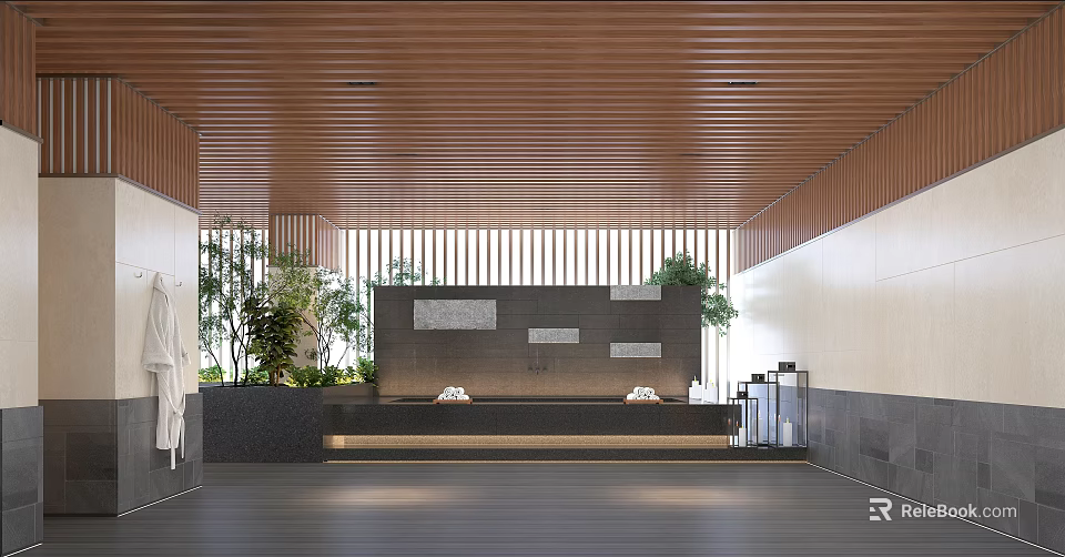 Modern Interior With Wooden Ceiling Vertical Slats Green Plants And Water Feature 3d model 