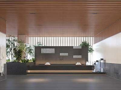 Modern Interior With Wooden Ceiling Vertical Slats Green Plants And Water Feature 3d model