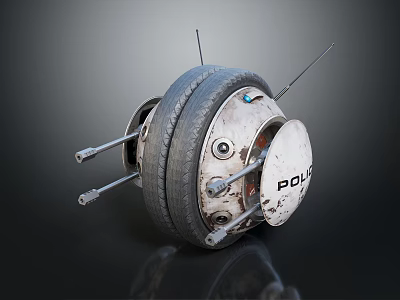 Futuristic Game Movie Police Robot Character With Tire And Metal Structure 3d model