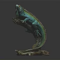 Green Iguana Sculpture Perched On Curved Branch With Detailed Texture And Dark Background
