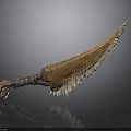 Unique Curved Blade Weapon With Feathered Serrated Edge And Brown Textured Bone Handle