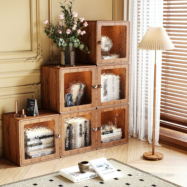 Multi Tiered Wooden Storage Shelf Cabinet With Glass Doors For Living Room Interior 3d model 