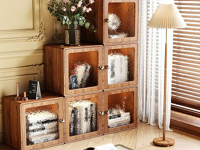 Multi Tiered Wooden Storage Shelf Cabinet With Glass Doors For Living Room Interior 3d model