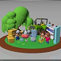 Cartoon Farm Characters With Farmer Children Cow Blue Creature Chick Green Trees And Tractor