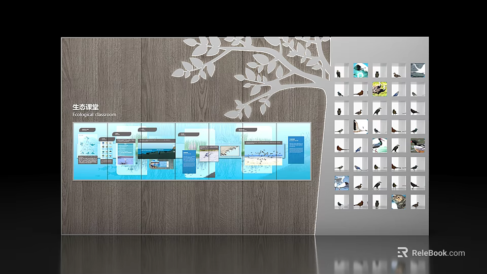 Gray Wood Background Wall with White Tree Branch Leaf Decoration Blue Infographic Small Picture 3d model 