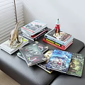 Stacked Sci Fi Adventure Books With Dinosaur And Rocket Models On Table 3d model
