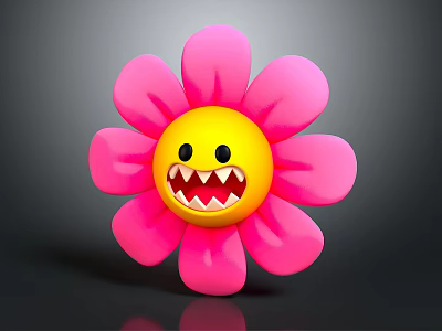 Pink Flower With Bright Yellow Smiley Face And Sharp Teeth Design 3d model