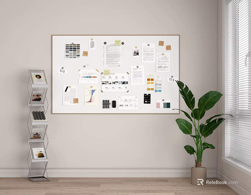 Interior Background Wall Featuring Whiteboard With Papers Charts Photos Shelf And Green Plant Near Window 3d model 