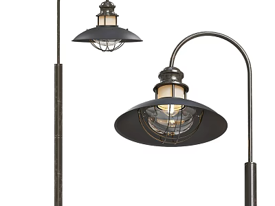 Black Metal Street Lamps With Curved Arm Transparent Shade And Bulb Design 3d model