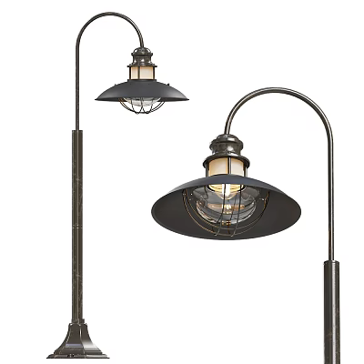 Black Metal Street Lamps With Curved Arm Transparent Shade And Bulb Design 3d model