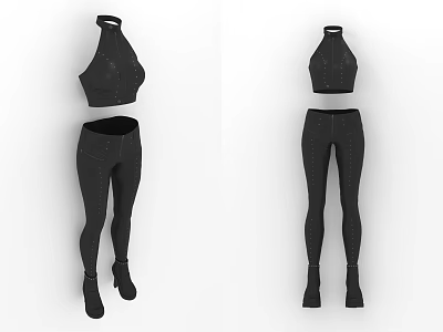 Stylish Black Halter Crop Top With High Waisted Leggings Clothing Set 3d model