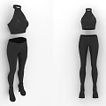 Stylish Black Halter Crop Top With High Waisted Leggings Clothing Set