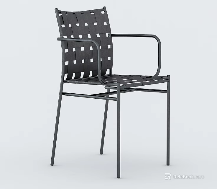 Modern Black Armchair With Woven Backrest And Sturdy Metal Frame Design 3d model 