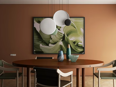 Elegant Restaurant With Orange Walls Hanging Circular Pendant Lights Large Green Abstract Painting Round Table 3d model