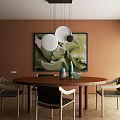 Elegant Restaurant With Orange Walls Hanging Circular Pendant Lights Large Green Abstract Painting Round Table