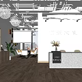 Modern Office Front Desk Reception With Wooden Bookshelves Marble Countertop Green Plants And Pendant Lights