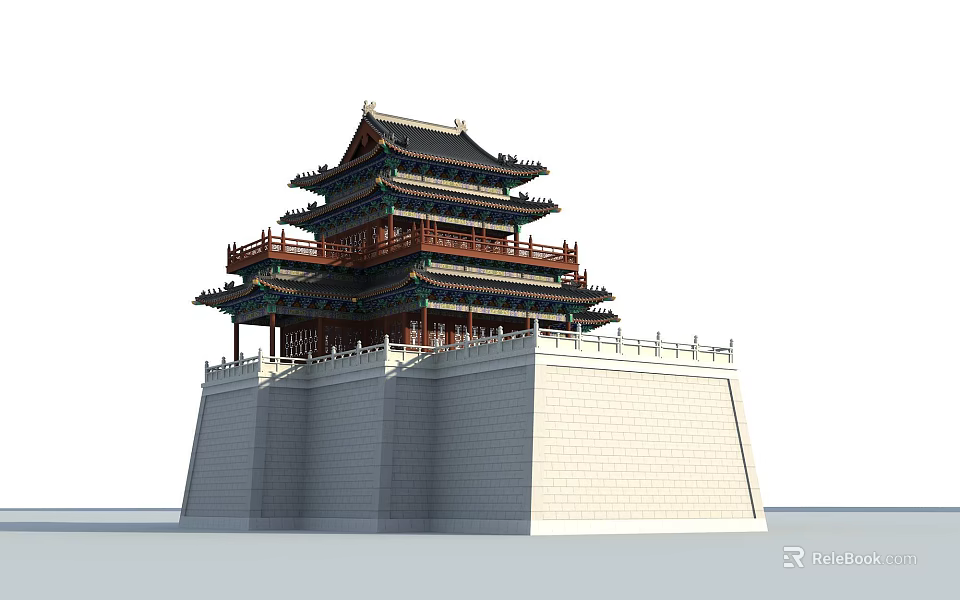 Traditional Ancient Chinese Architecture with Multi Tiered Roof Curved Eaves and Stone Base Balustrade 3d model 
