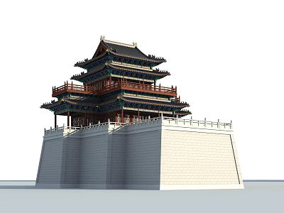 Traditional Ancient Chinese Architecture with Multi Tiered Roof Curved Eaves and Stone Base Balustrade 3d model