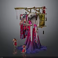 Traditional Female Sculpture in Pink Purple Robe with Hanging Lanterns and Small Pink Figures