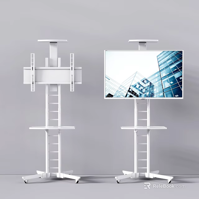 White Iron Art Stands Featuring Ladder Structures Platforms And Screen Displaying Urban Buildings 3d model 