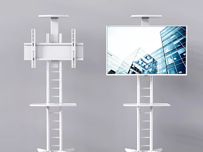 White Iron Art Stands Featuring Ladder Structures Platforms And Screen Displaying Urban Buildings 3d model