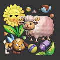 Cute Sheep Puppy and Bird with Sunflower Colorful Balls Leaves and Bell in Playful Scene