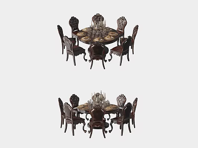 Elegant Round Dining Table Set With Carved Chairs And Decorative Centerpiece 3d model