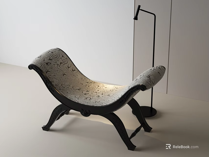 Modern Curved Sofa Bench With Patterned Upholstery And Black Wooden Legs 3d model 