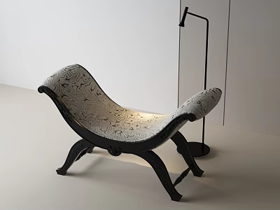 Modern Curved Sofa Bench With Patterned Upholstery And Black Wooden Legs 3d model