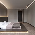 Modern Bedroom Interior With Wooden Headboard LED Lights Under Bed Window Curtains And Minimalist Design