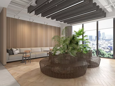 Modern Lounge Area Interior With Sofa Green Plants Large Windows City View And Wooden Flooring 3d model
