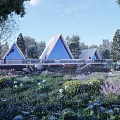 Scenic Wooden Cabins With Triangular Roofs Amidst Lush Trees and Flower Meadow