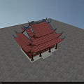 Traditional Ancient Chinese Architecture with Red Roof Overhanging Eaves Wooden Structure on Stone Pavement Square