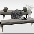 Light Gray Upholstered Sofa Bench With Plaid Blanket Wooden Legs And Glass Vase Decor
