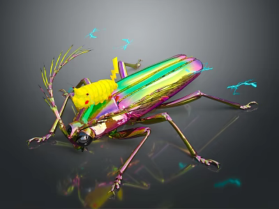 Vibrant Metallic Insect Character With Iridescent Colors Glowing Antennae And Shiny Legs 3d model