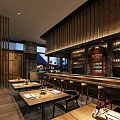 Rustic Restaurant Interior With Wooden Tables Bar Counter And Wine Racks