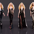 Four Blonde Models Walking On Runway In Various Black Evening Dresses