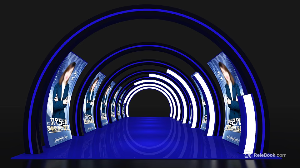 2023 Global Summit Event Entrance With Blue Lighting Arched Structures Billboards And People In Suits 3d model 
