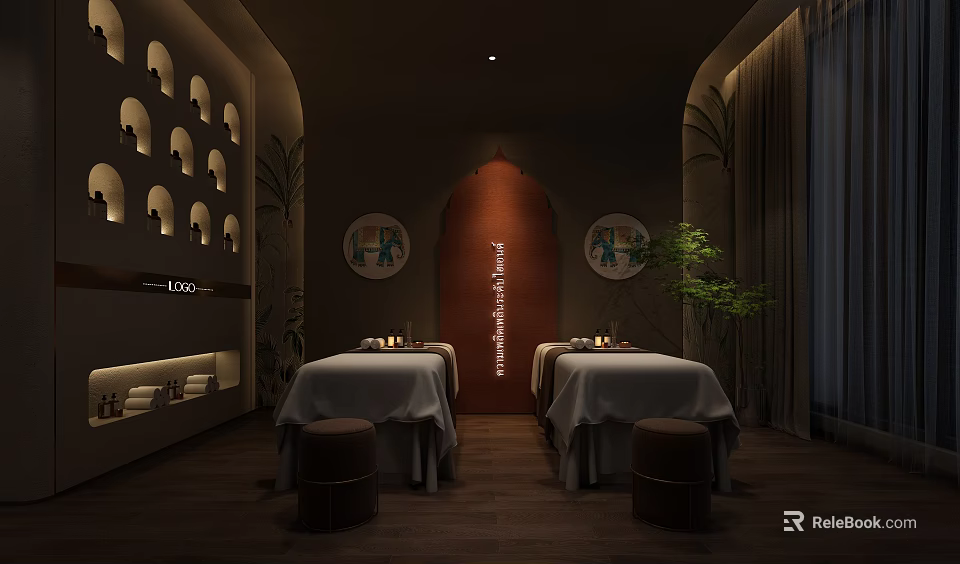 Relaxing SPA Sauna Interior With Massage Beds Soft Lighting And Decorative Plants 3d model 