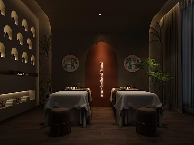 Relaxing SPA Sauna Interior With Massage Beds Soft Lighting And Decorative Plants 3d model
