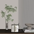 Decorative Ornament Set With Green Plant Glass Vase Books Bowl Ornament On Light Striped Wall