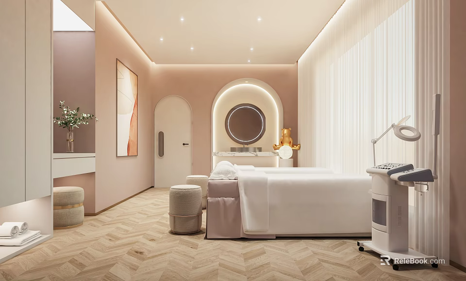 Serene SPA Sauna Space with Peach Colored Walls Arched Doorway Round Mirror and Massage Bed 3d model 