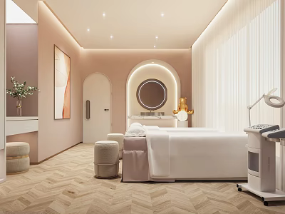 Serene SPA Sauna Space with Peach Colored Walls Arched Doorway Round Mirror and Massage Bed 3d model